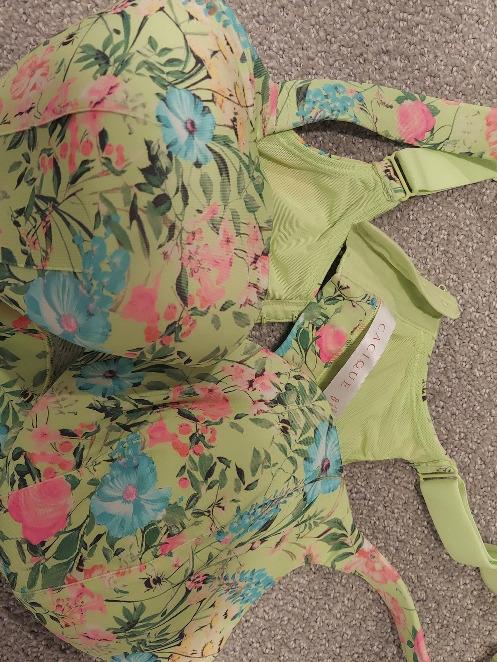 Cacique Lime Green Floral Bra with Blue & Pink Accents